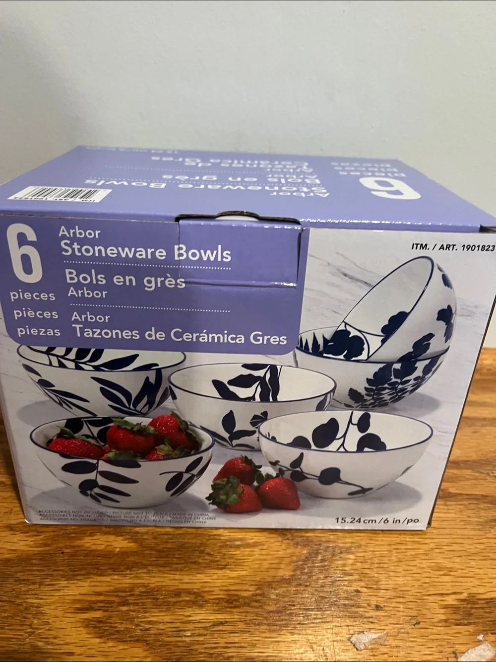 Arbor White Stoneware Bowl Set with Blue Botanical Design - 6 Pieces